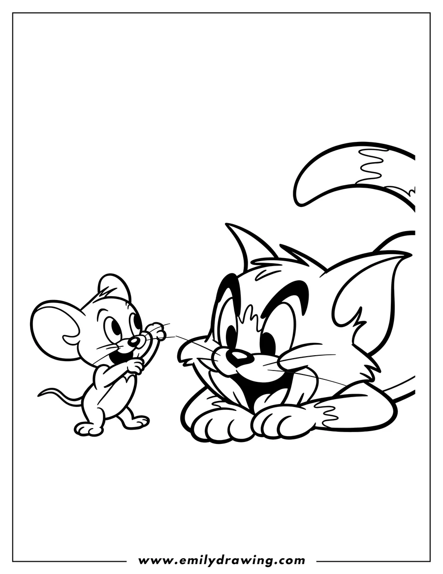 Line art of Tom the cat and Jerry the mouse facing each other, looking playful.