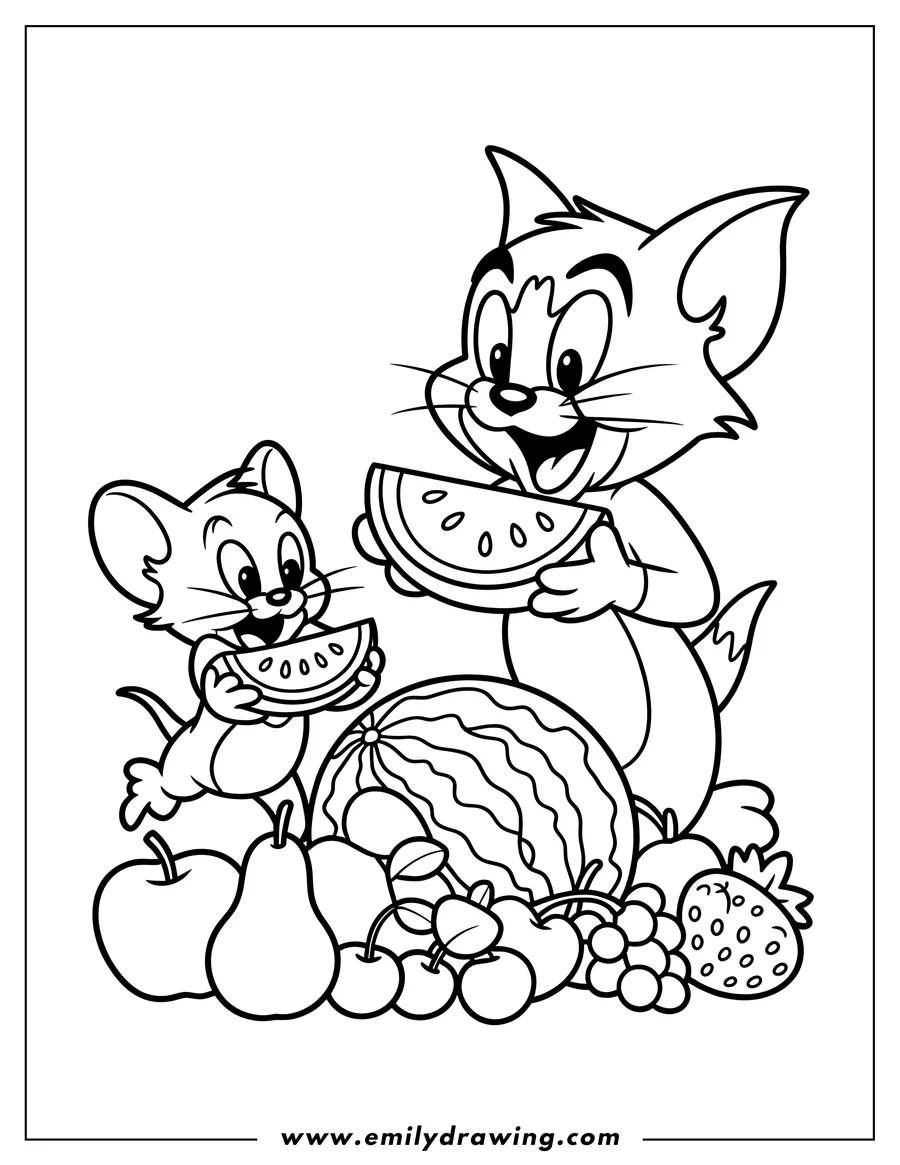 Line art of Tom and Jerry eating watermelon slices. A whole watermelon and other fruits like apples, pears, cherries, grapes, and a strawberry sit in front of them.