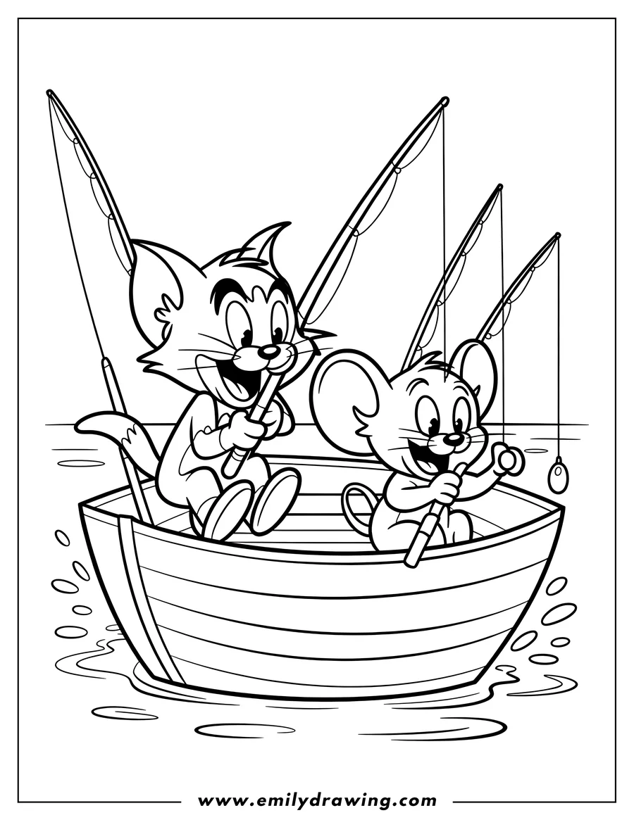 Line art of Tom and Jerry fishing from a small boat. Tom holds a large fishing rod, while Jerry holds a smaller one. Both are smiling in anticipation.