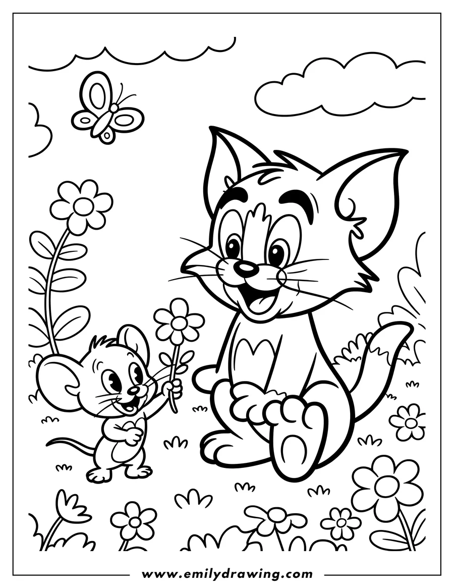 Line art of Tom the cat and Jerry the mouse in a garden. Jerry is giving Tom a flower. A butterfly is flying nearby.