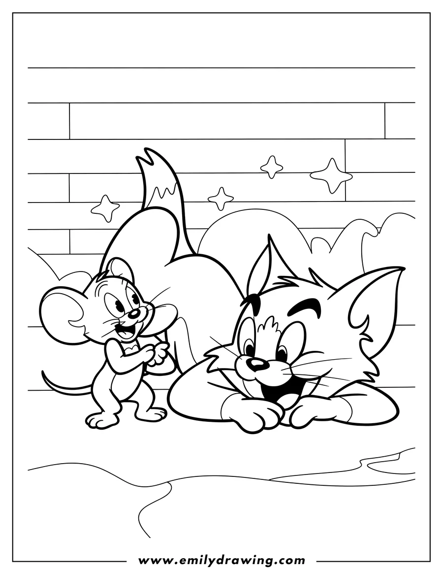 Line art of Tom and Jerry looking playful. Jerry the mouse is standing and smiling, while Tom the cat lies on his belly, looking up at Jerry. It appears they are having a friendly moment.