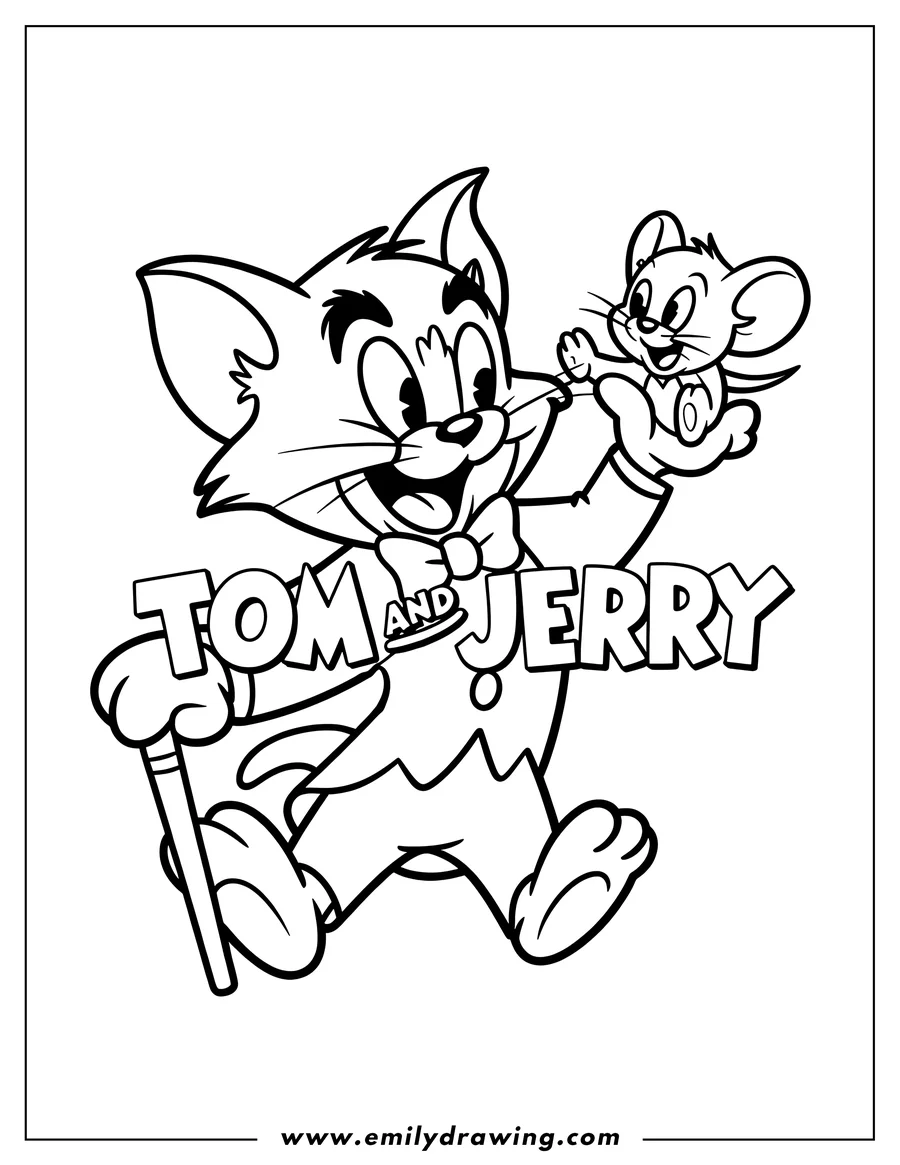 Line art of Tom the cat and Jerry the mouse. Tom holds a cane and Jerry is in his hand.