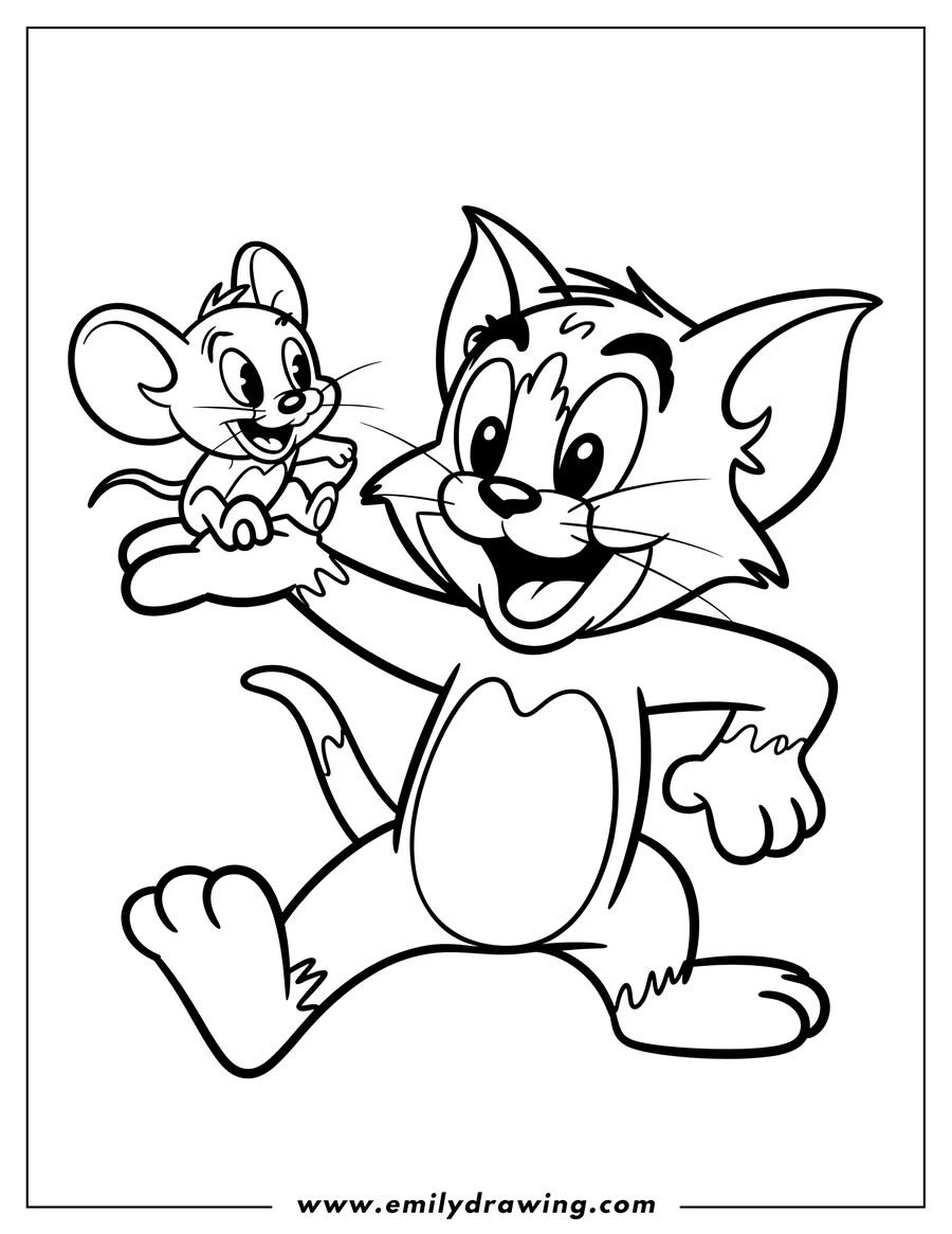Line art of Tom the cat holding Jerry the mouse. They are smiling and holding hands.