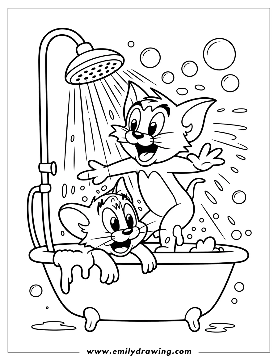 Line art of Tom and Jerry taking a bath. Jerry sits in the tub while Tom stands over him playing in the running water from the shower head.