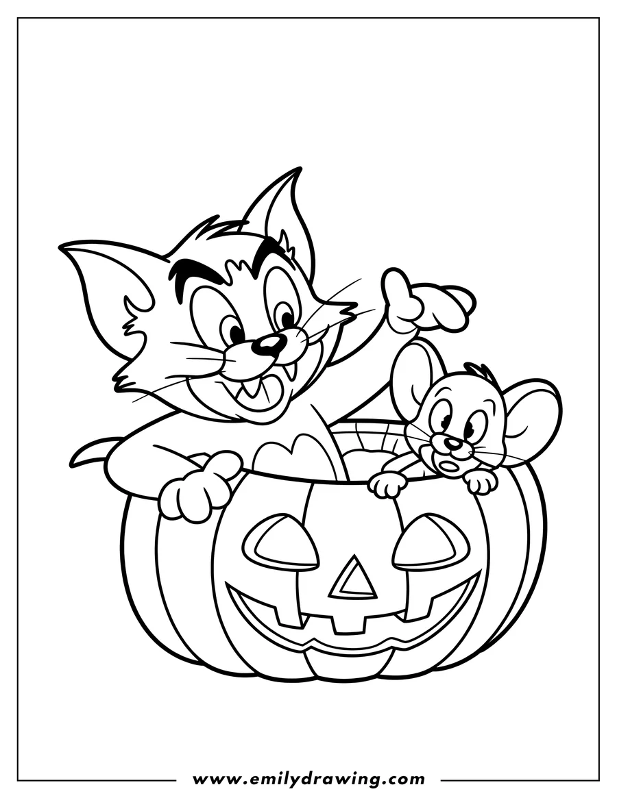Line art of Tom and Jerry inside a carved pumpkin. Tom has a mischievous expression while Jerry looks apprehensive.