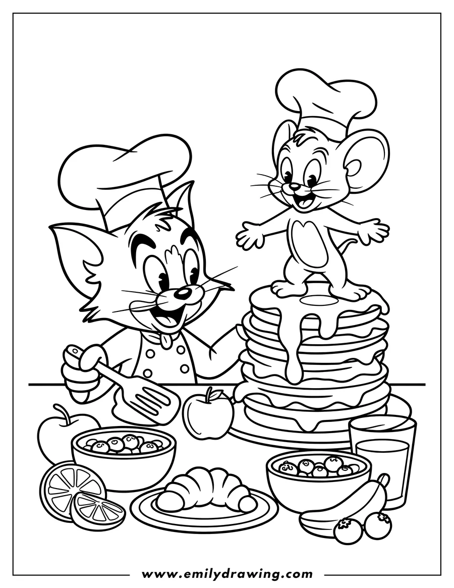 Line art of Tom and Jerry making breakfast. Jerry stands on a tall stack of pancakes while Tom holds a spatula. Various breakfast foods surround them.