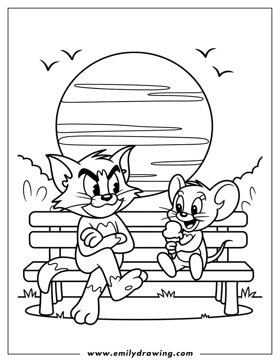 Line art of Tom and Jerry sitting on a park bench. Tom has his arms crossed and looks annoyed, while Jerry happily eats an ice cream cone.