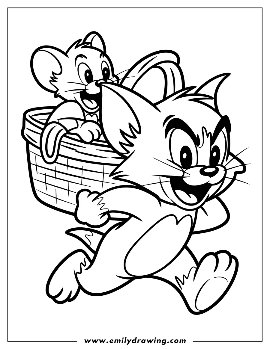 Line art of Tom carrying Jerry in a picnic basket.