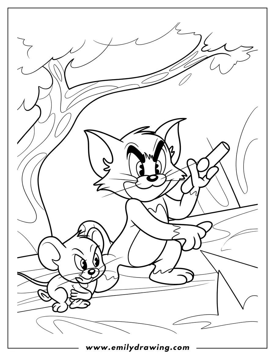 Tom and Jerry looking mischievous, seemingly planning a prank.