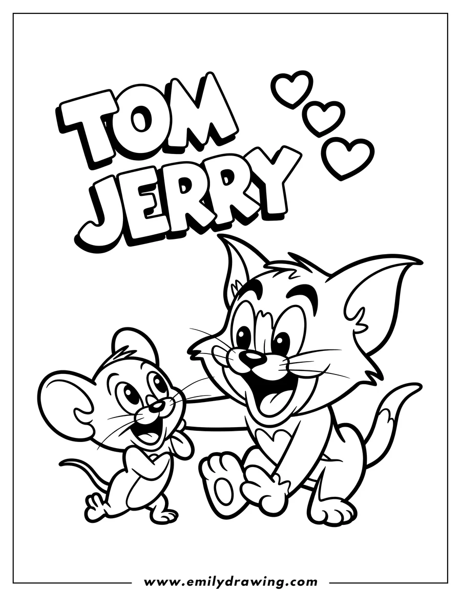 Line art of Tom and Jerry playing together.