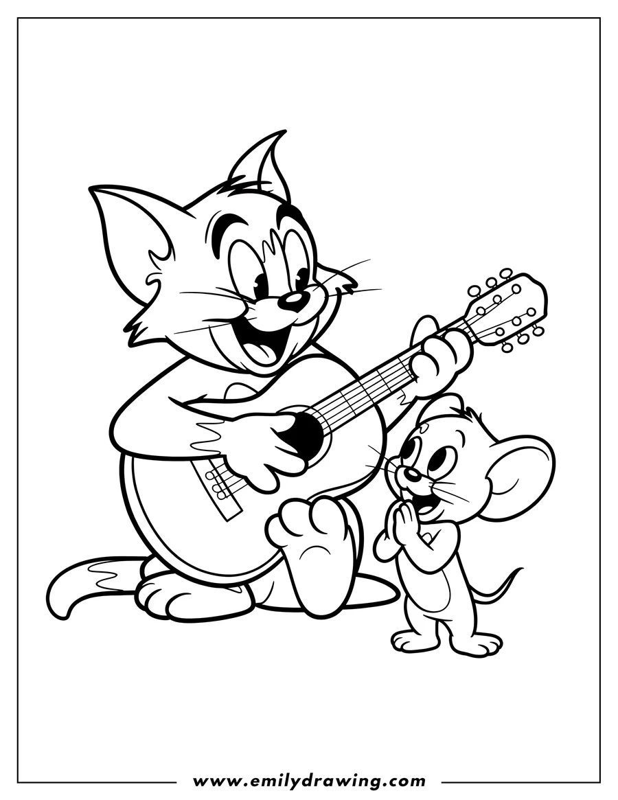 Line art of Tom playing a guitar while Jerry claps along.