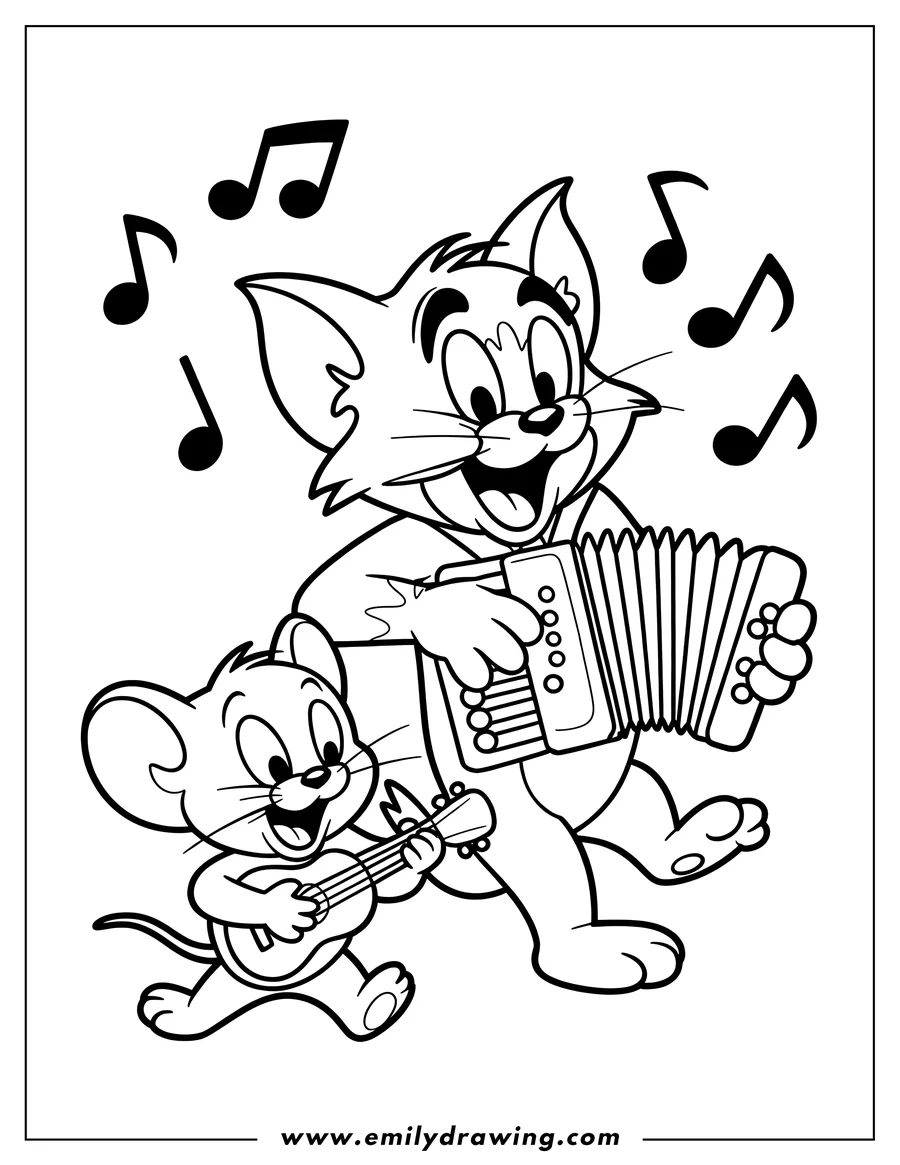 Line art of Tom and Jerry making music. Tom plays an accordion and Jerry strums a ukulele, musical notes float around them.