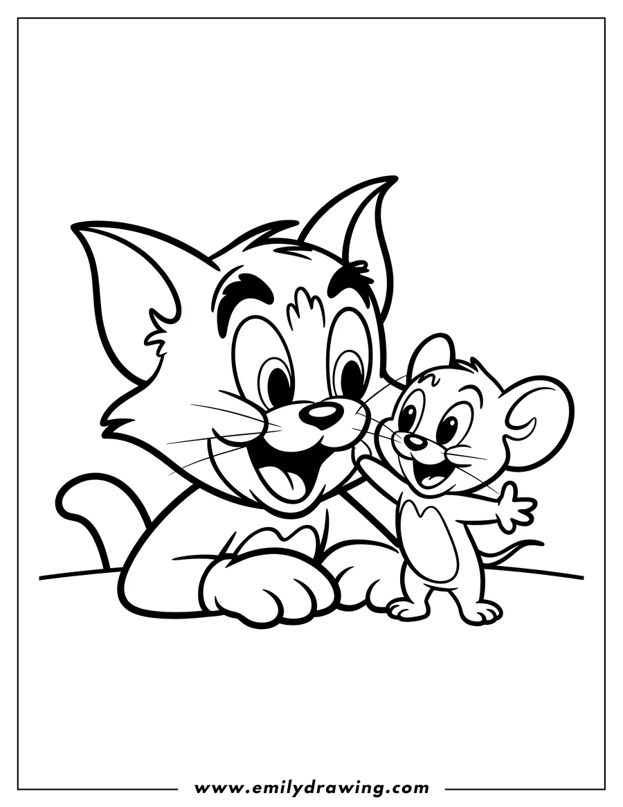 Line art of Tom the cat and Jerry the mouse playing together. Tom is leaning on a surface and reaching out to Jerry, who stands with outstretched arms.