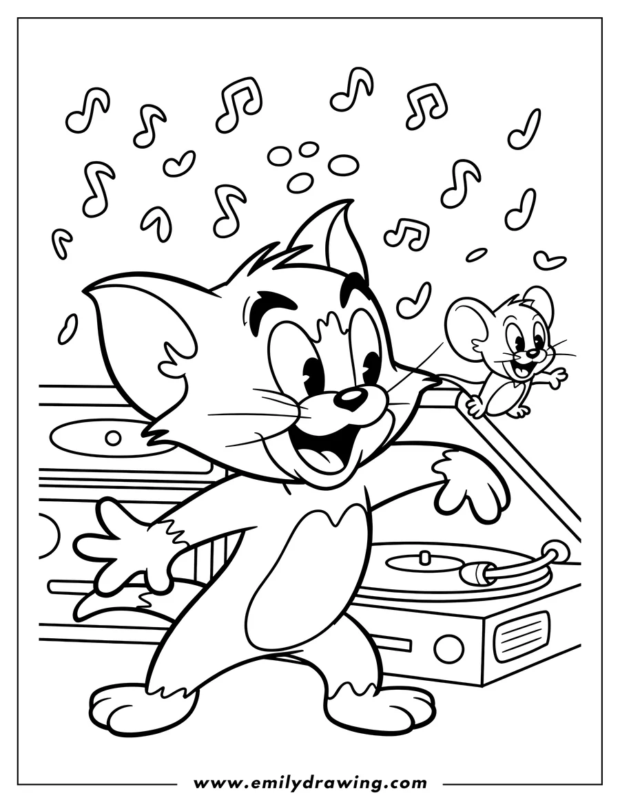 Line art of Tom and Jerry dancing near a record player with music notes floating around them.