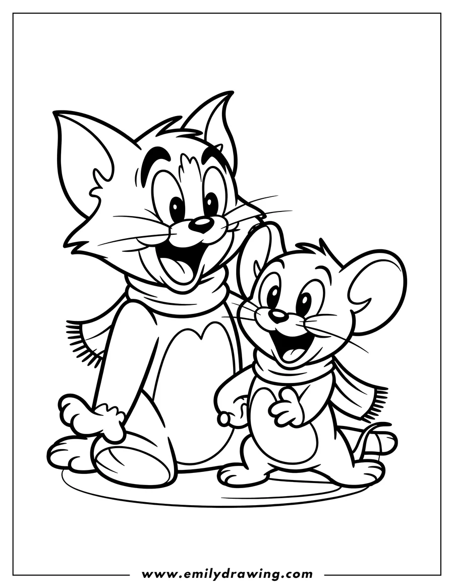 Line art of Tom and Jerry, both wearing scarves and smiling. They appear to be ready for cold weather.