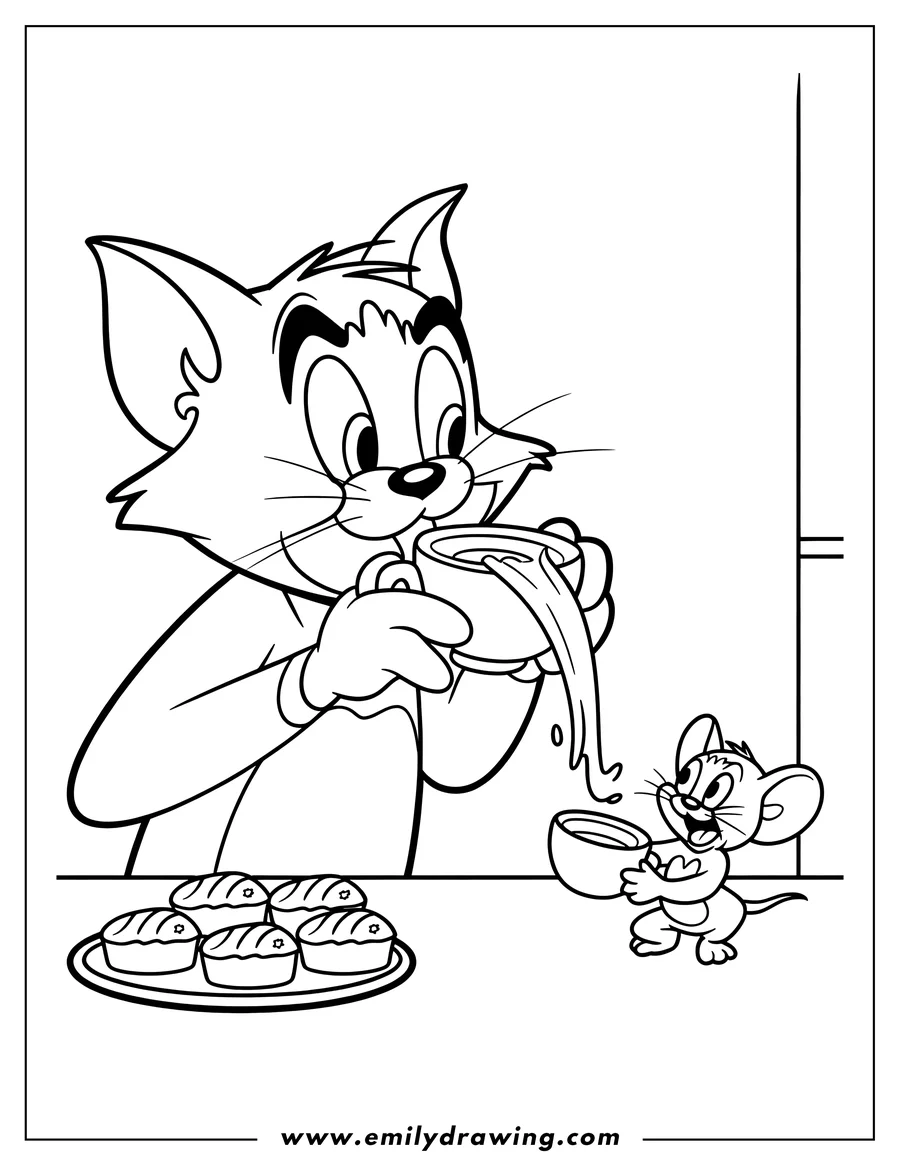 Tom the cat pouring milk from his cup into Jerry the mouse's cup. A plate of muffins sits nearby.