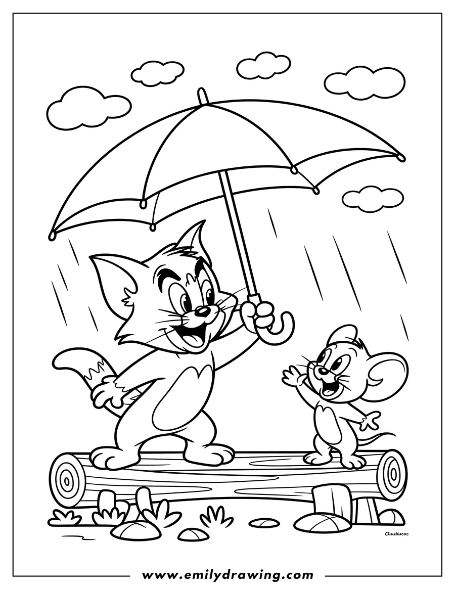 Line art of Tom and Jerry sharing an umbrella in the rain while balancing on a log. Tom holds the umbrella, keeping both dry.