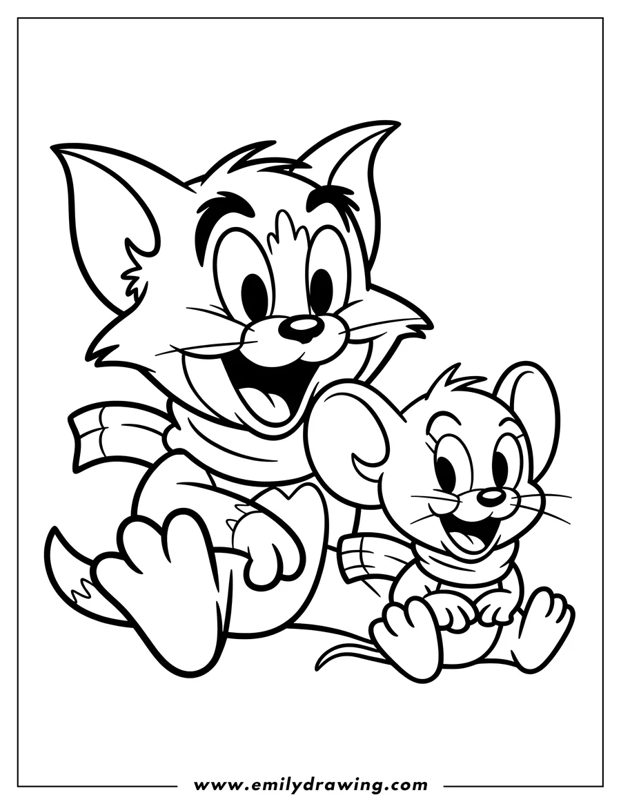 Line art of Tom and Jerry sitting together, both wearing scarves and smiling. They appear to be friendly in this scene.