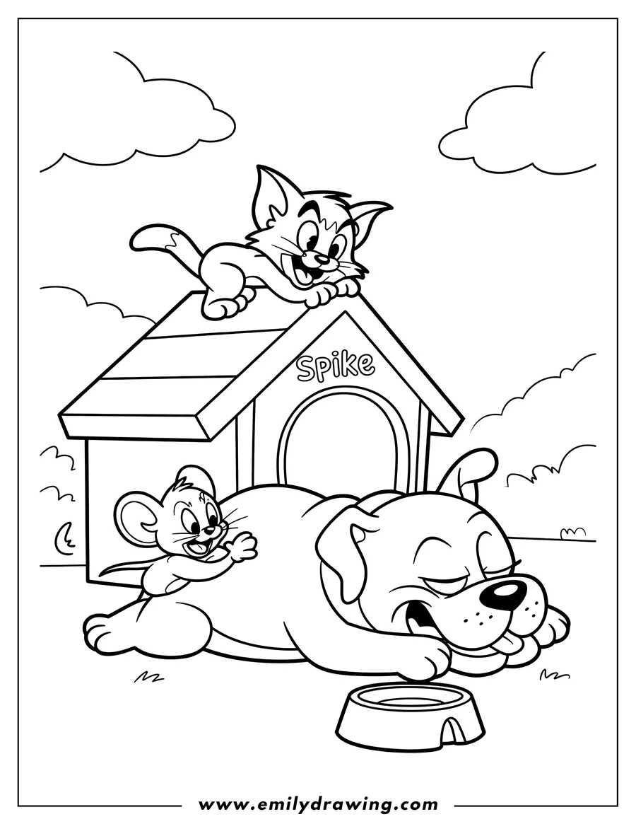 Line art of Tom the cat on a doghouse, Jerry the mouse beside a sleeping dog, likely Spike.