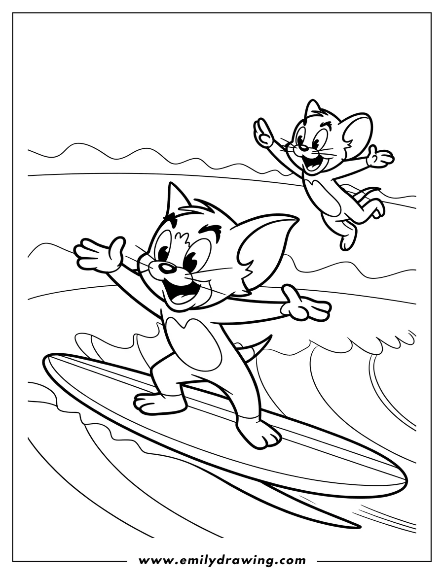 Line art of Tom surfing and Jerry jumping over the waves. A simple beach scene is in the background.