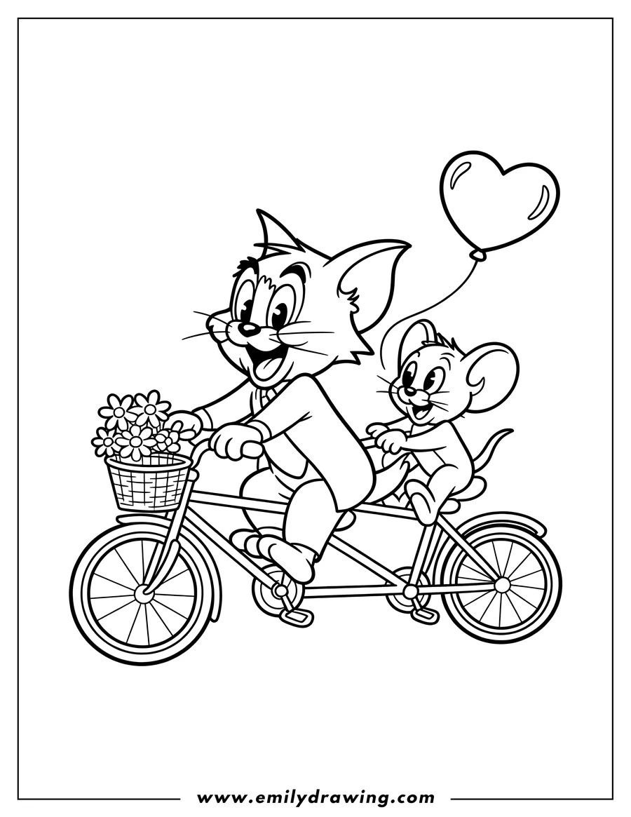 Outline of Tom and Jerry riding a tandem bicycle. Tom is in front pedaling, with a basket of flowers. Jerry is in the back holding a heart-shaped balloon.