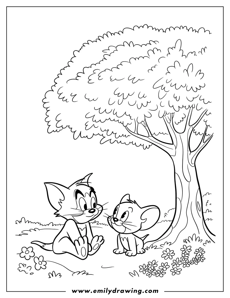 Line art of Tom and Jerry sitting under a tree, surrounded by small flowers and grass.