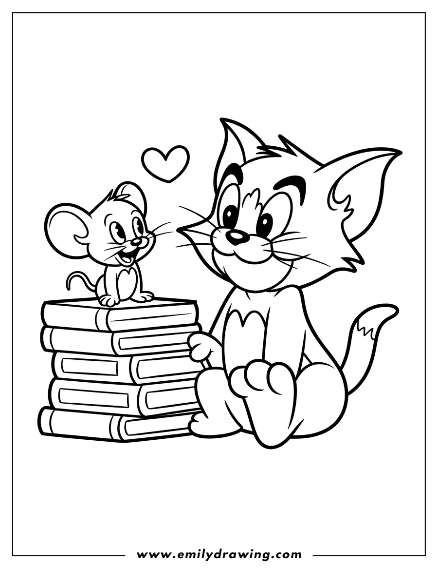 Outline of cartoon characters Tom and Jerry. Jerry the mouse sits on a stack of books, while Tom the cat looks at him with a heart above them.
