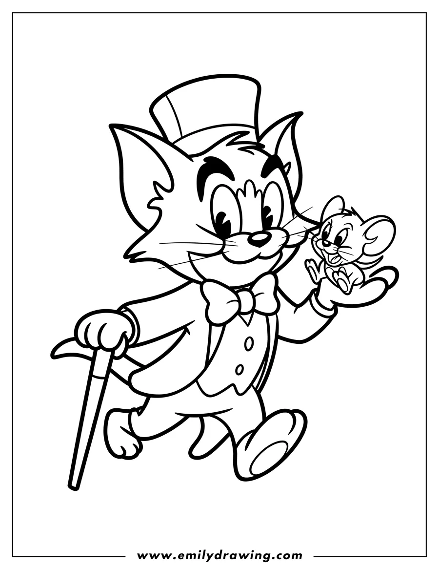 Line art of Tom the cat, dressed in a top hat, bow tie, and holding a cane, presenting Jerry the mouse on his outstretched hand.
