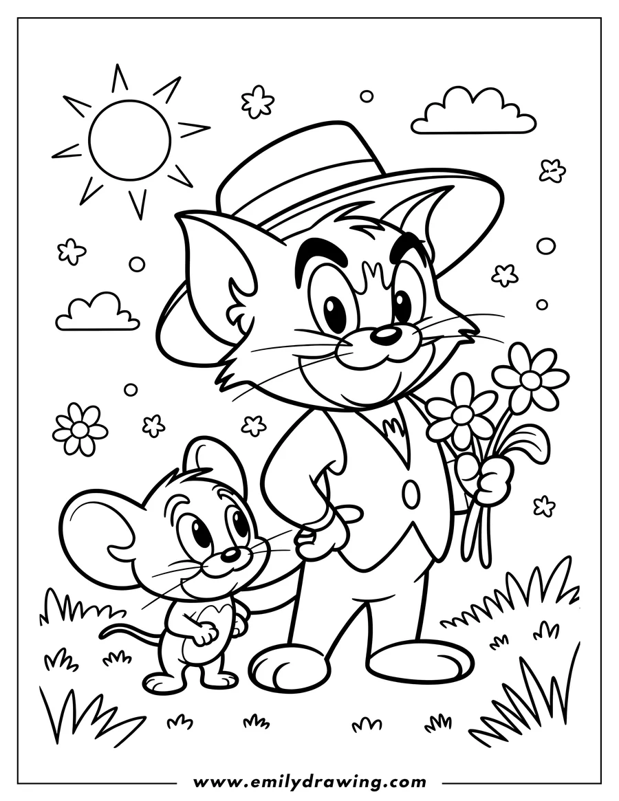 Line art of Tom and Jerry. Tom, wearing a hat, holds a bouquet of flowers, and Jerry stands beside him. Both characters appear friendly against a backdrop of grass, sun, clouds, and small decorative flowers.