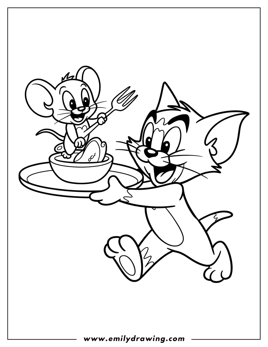 Line art of Tom carrying Jerry in a dish. Jerry holds a fork.