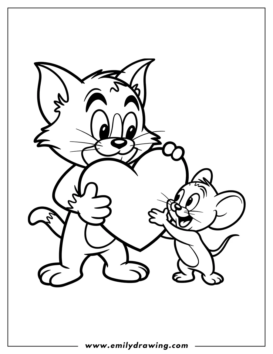 Line art of Tom the cat and Jerry the mouse holding a large heart together. Tom holds the heart while Jerry looks up at it happily.