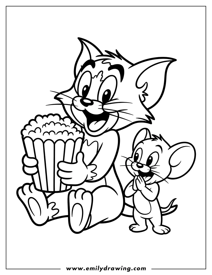 Line art of Tom the cat holding a large bucket of popcorn with Jerry the mouse standing beside him, looking excited.