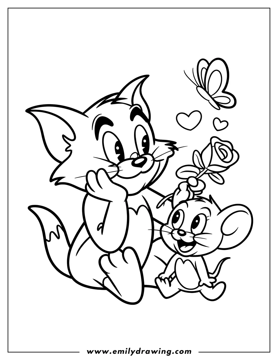 Line art of Tom and Jerry. Jerry is holding a rose up to Tom, who looks happy. A butterfly and hearts float around them.