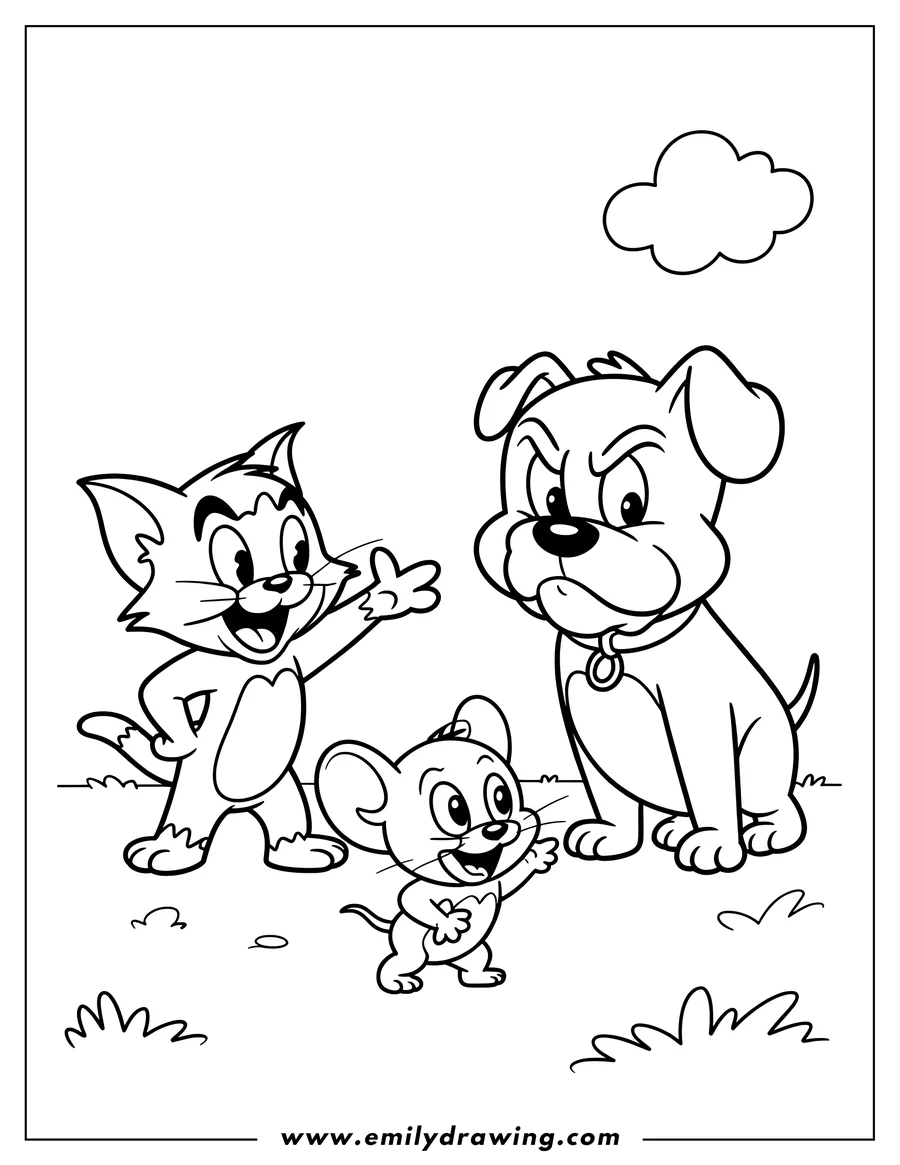 Line art of Tom, Jerry, and Spike the bulldog. Tom appears to be gesturing towards Spike, and Jerry looks concerned.