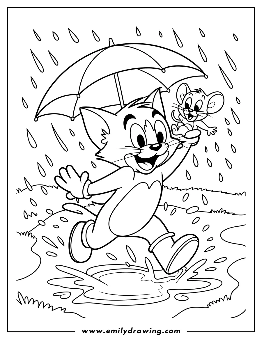 Line art of Tom and Jerry walking in the rain. Tom holds an umbrella while carrying Jerry under his arm. Tom steps in a puddle, splashing water with his boots.