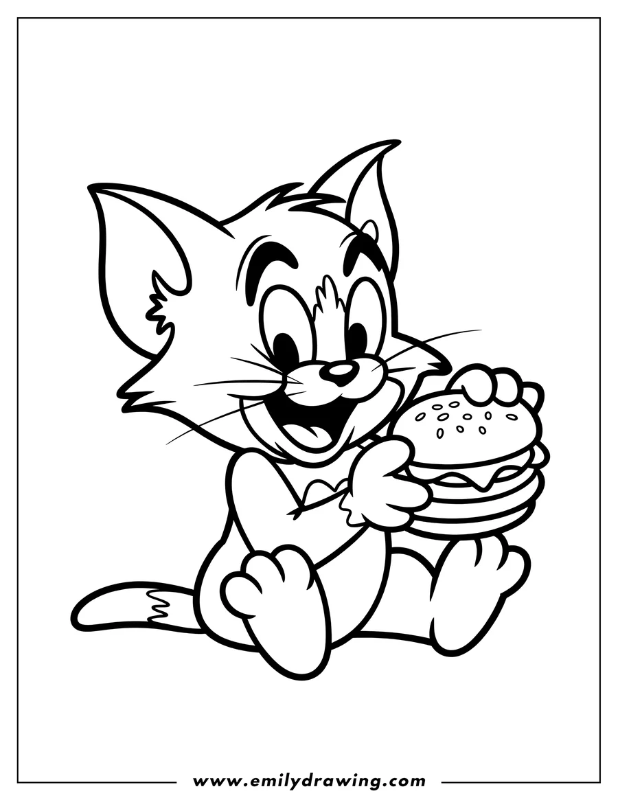 Line art of Tom the cat sitting and eating a burger.
