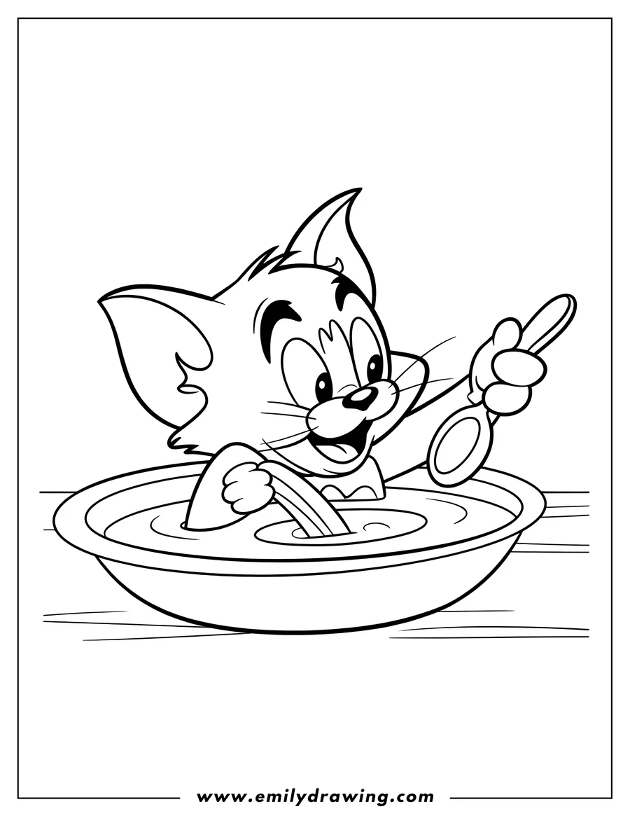 Outline of Tom the cat from Tom and Jerry happily eating noodles from a large bowl.
