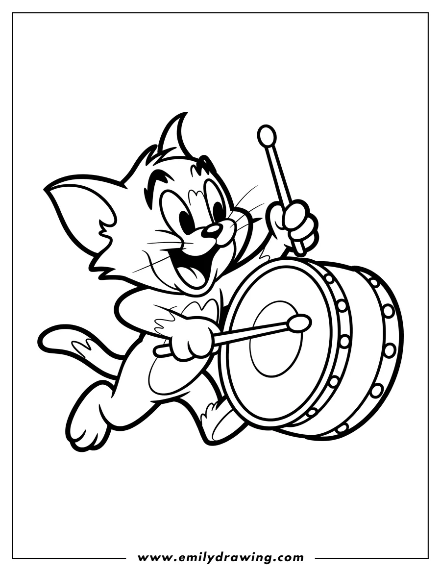 Line art of Tom the cat happily playing a drum.