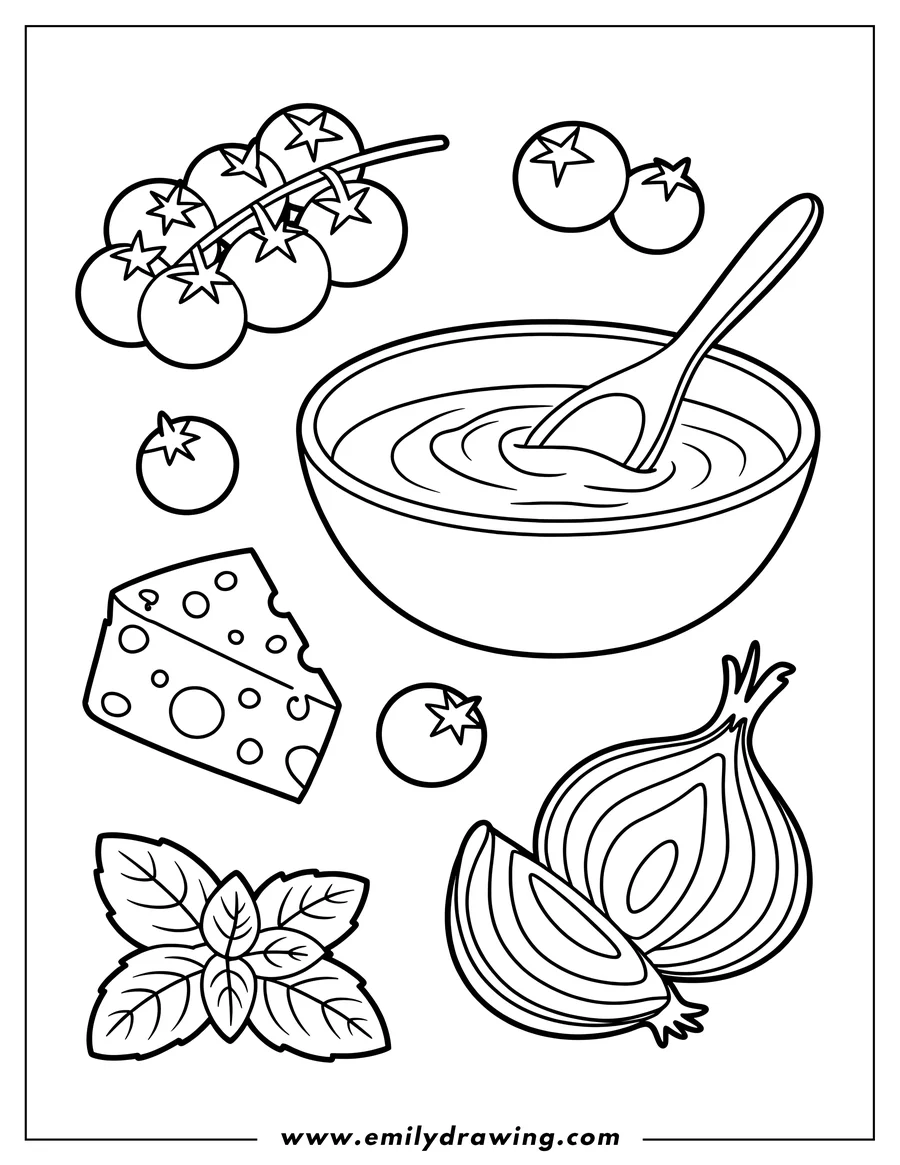 Outline of various ingredients for tomato soup, including tomatoes, onion, cheese, and basil.