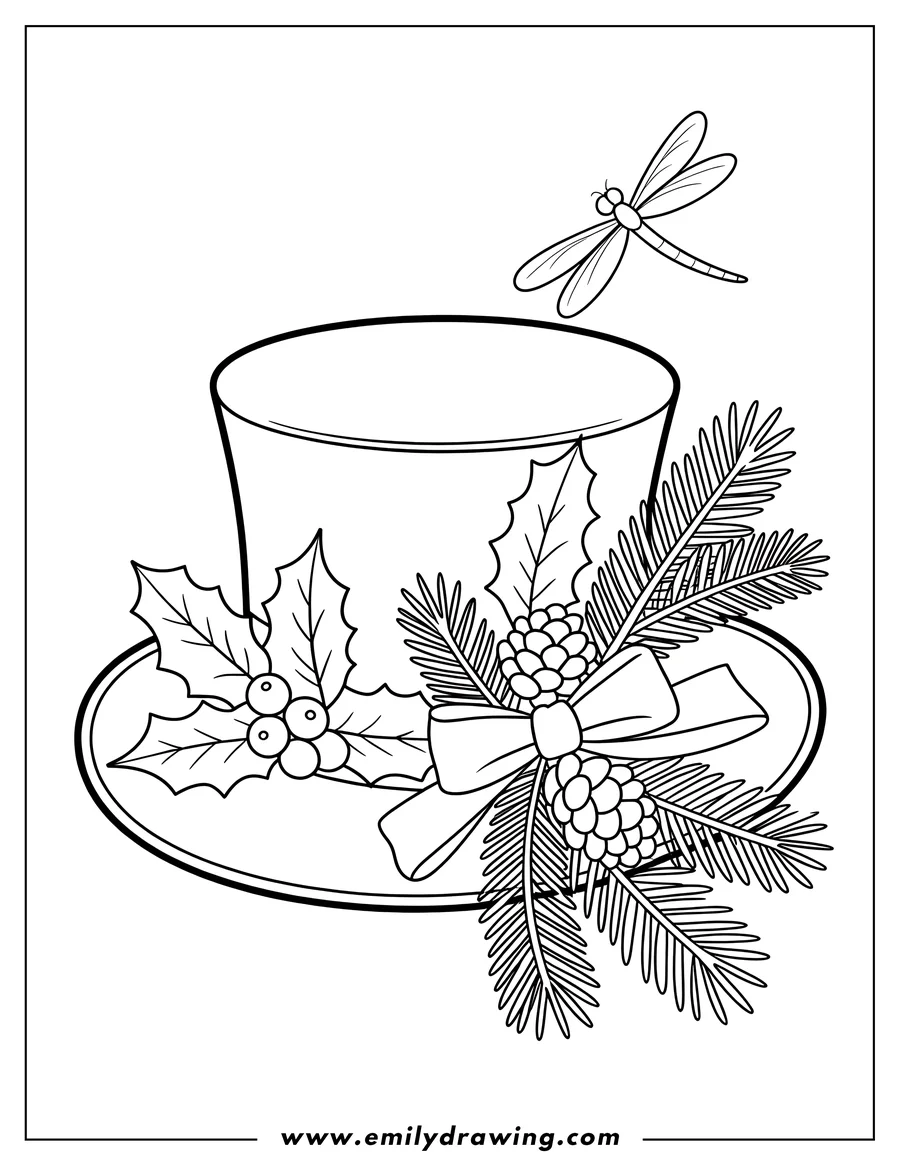 Line art of a top hat decorated with holly leaves and berries, pine sprigs, pine cones, and a ribbon. A dragonfly hovers above.