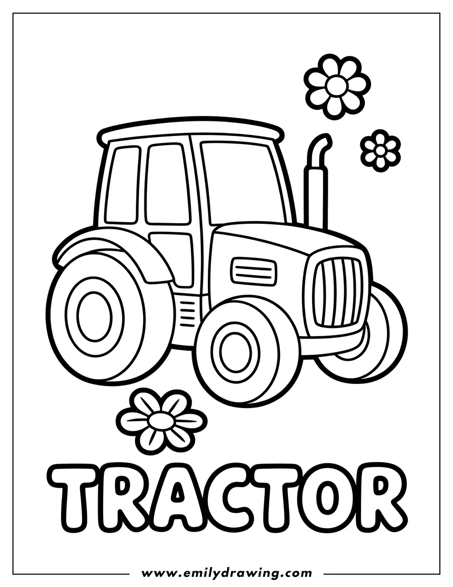 Line art of a tractor with flowers. Perfect for a coloring activity.