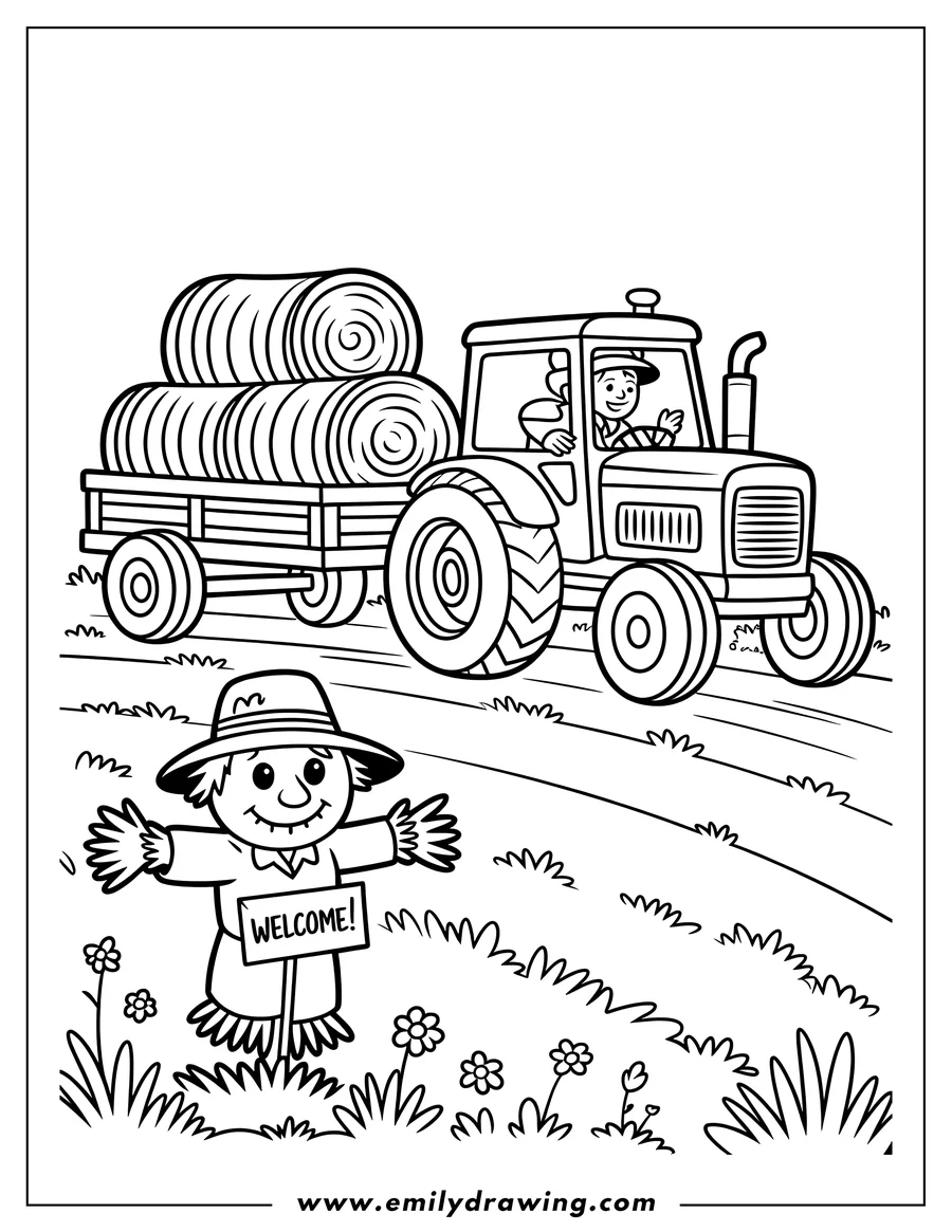 Outline of a farmer driving a tractor pulling a trailer of hay bales, with a scarecrow in the foreground holding a welcome sign.
