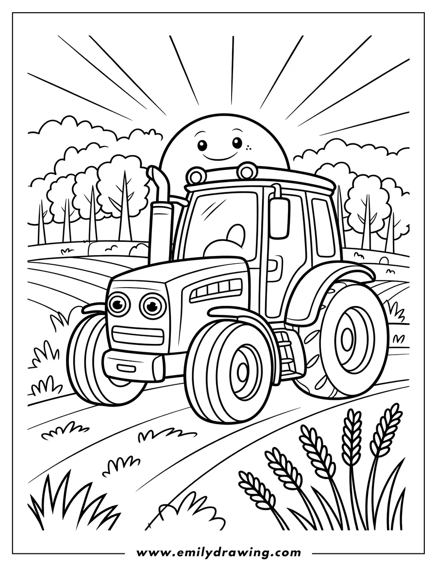 Line art of a cheerful tractor driving through a field at sunrise, with trees and wheat stalks in the background.