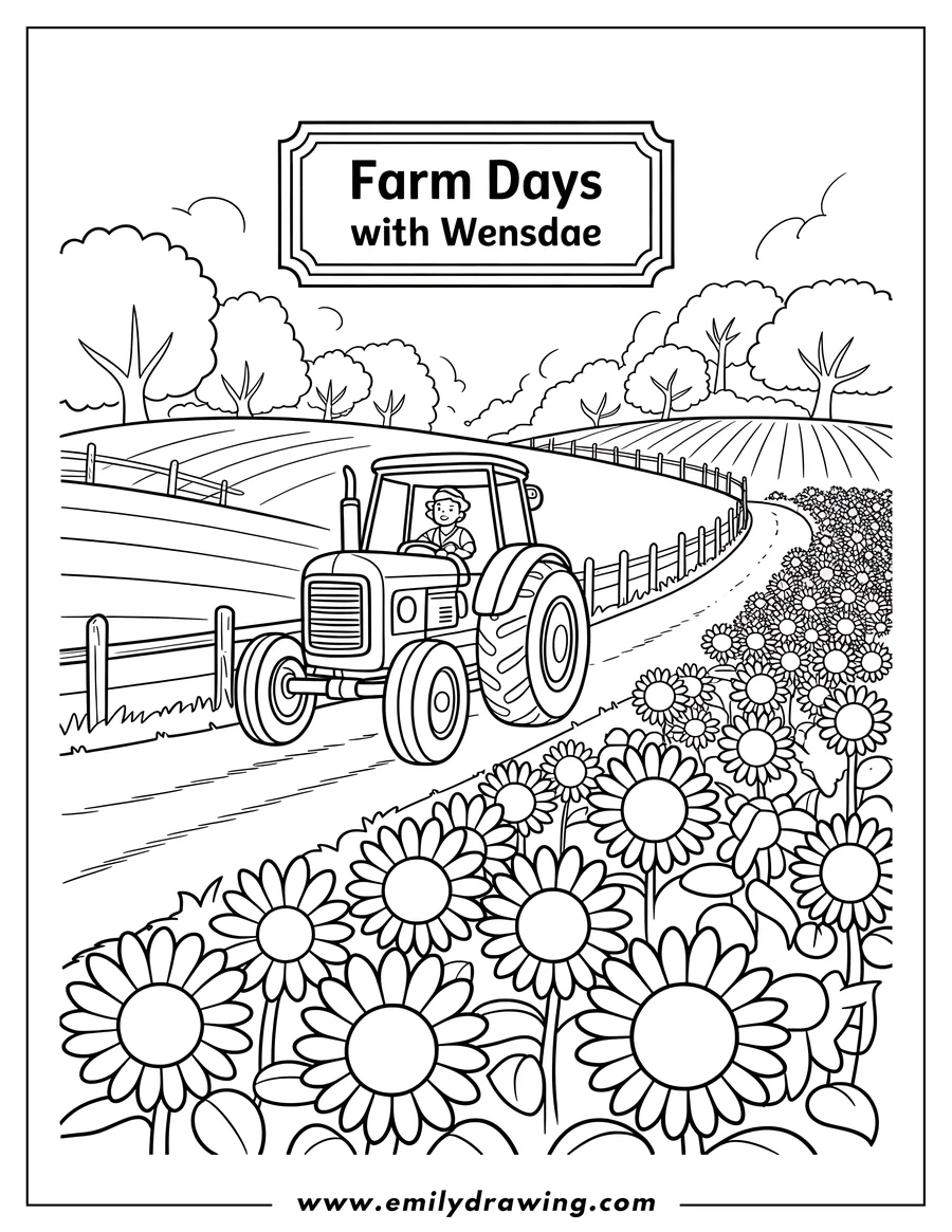 Line art of a farmer in a tractor driving on a road next to a field of sunflowers. The background includes trees and a fenced-in field.