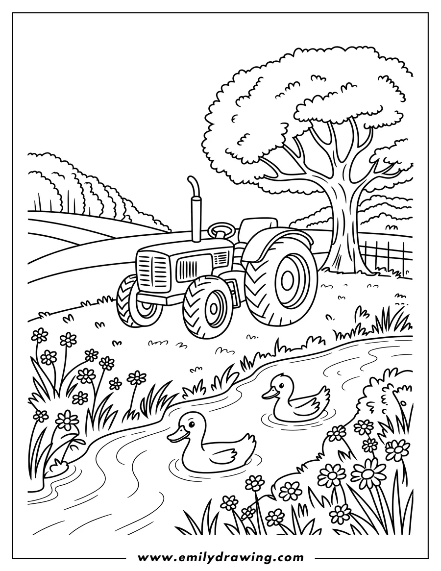 Outline of a tractor parked near a pond with two ducks swimming. Flowers and a tree are also present in the scene.
