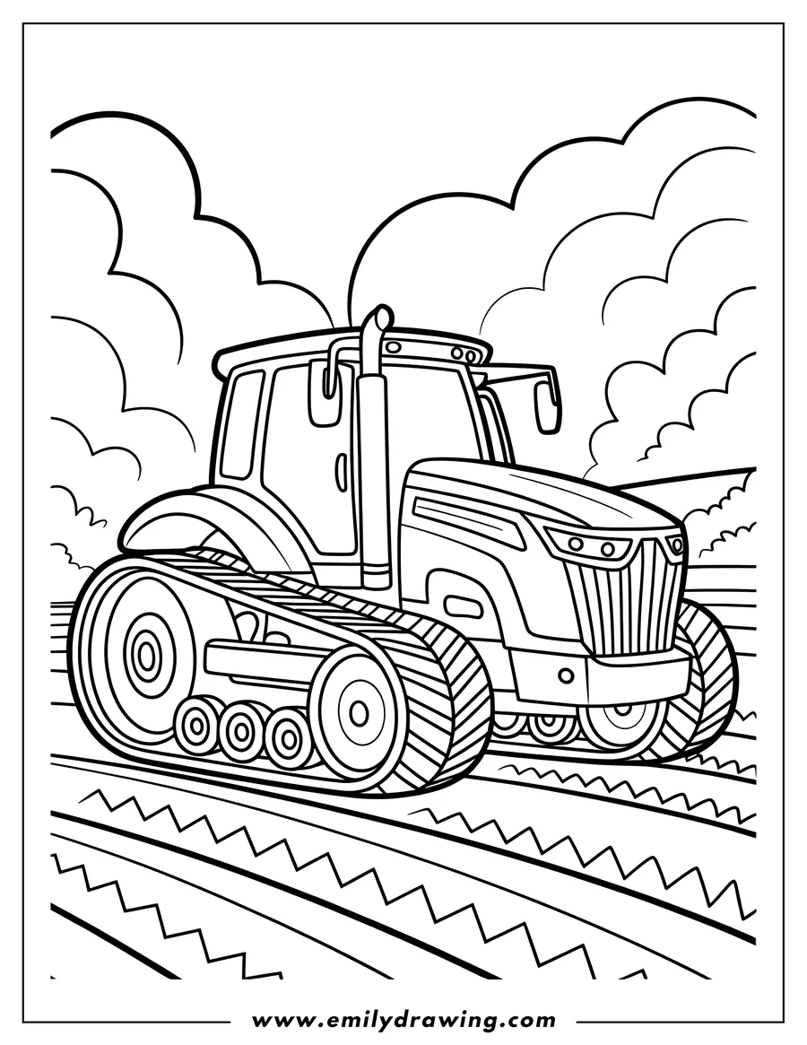 Line art of a tractor in a field, ready for farm work.