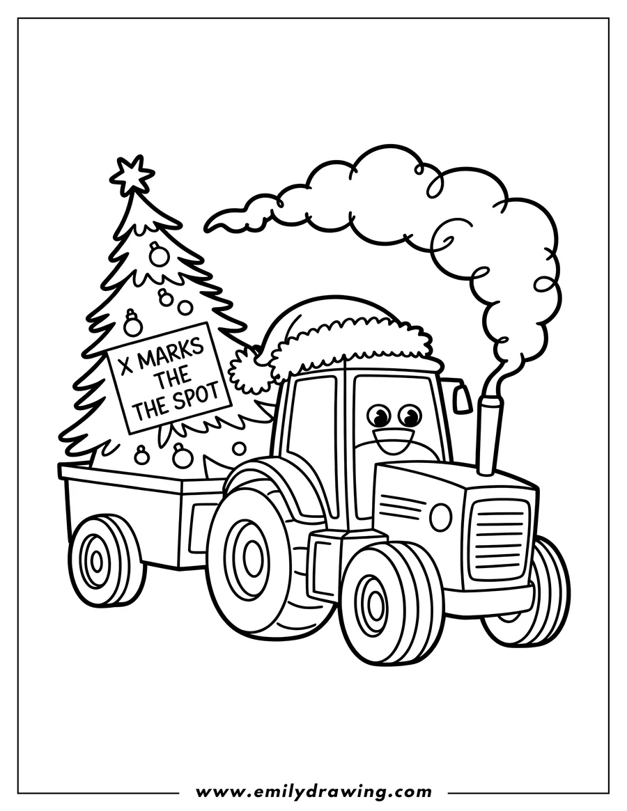 Outline of a cheerful tractor wearing a Santa hat and pulling a trailer with a decorated Christmas tree. The tree has a sign that says 'X Marks The Spot'.