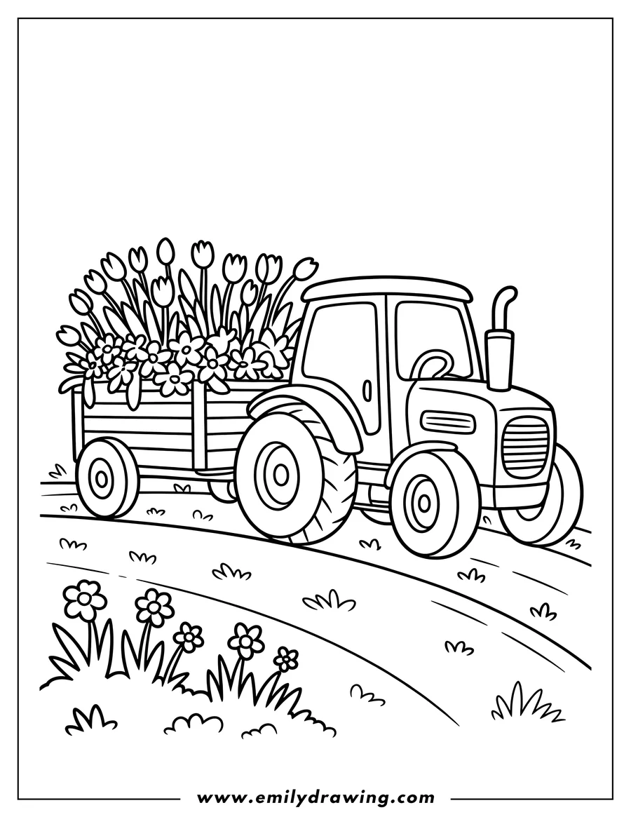 Outline of a tractor pulling a trailer overflowing with tulips and other flowers, driving along a grassy path.
