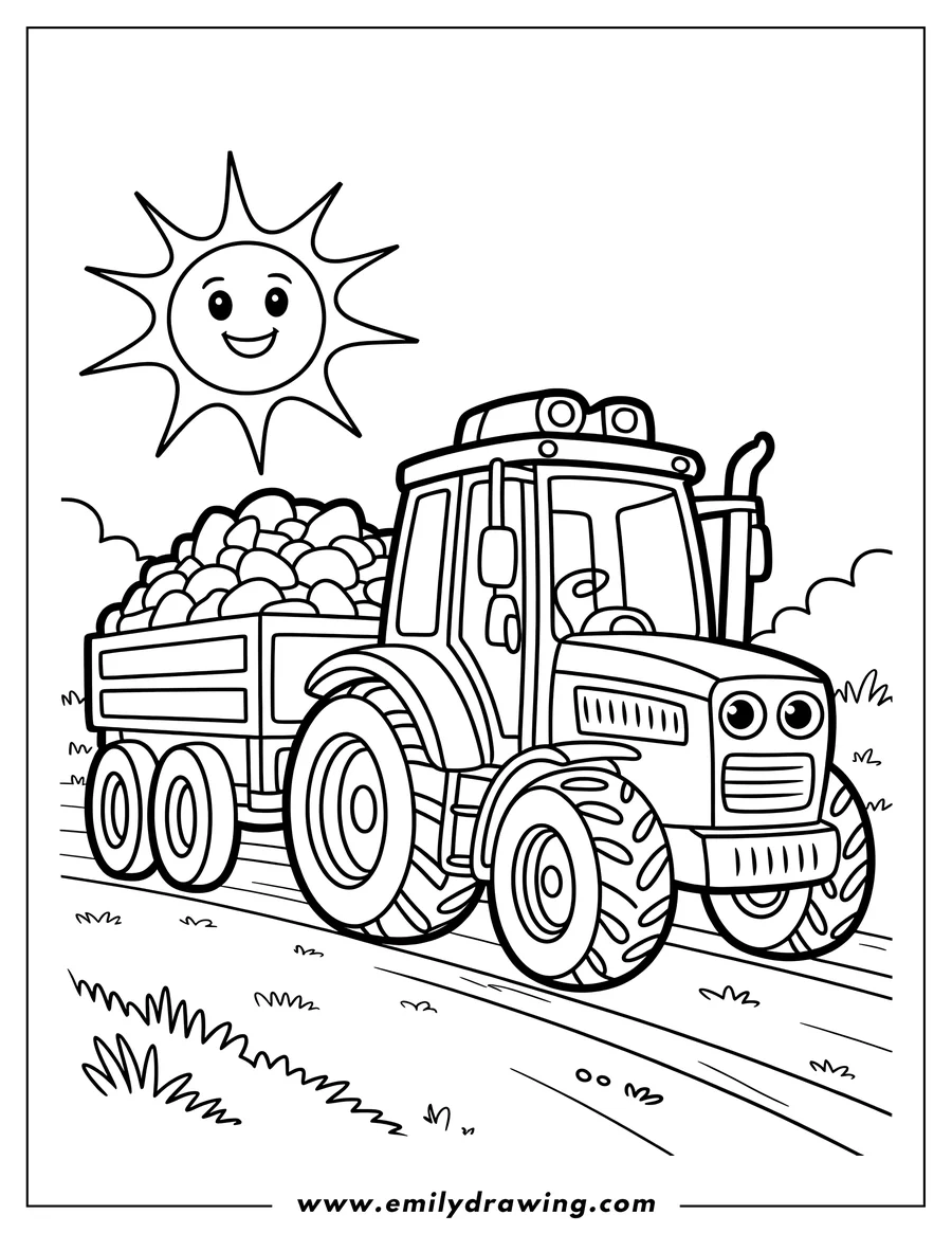 Outline of a cheerful tractor hauling a large load in its trailer bed, driving along a sunny path.