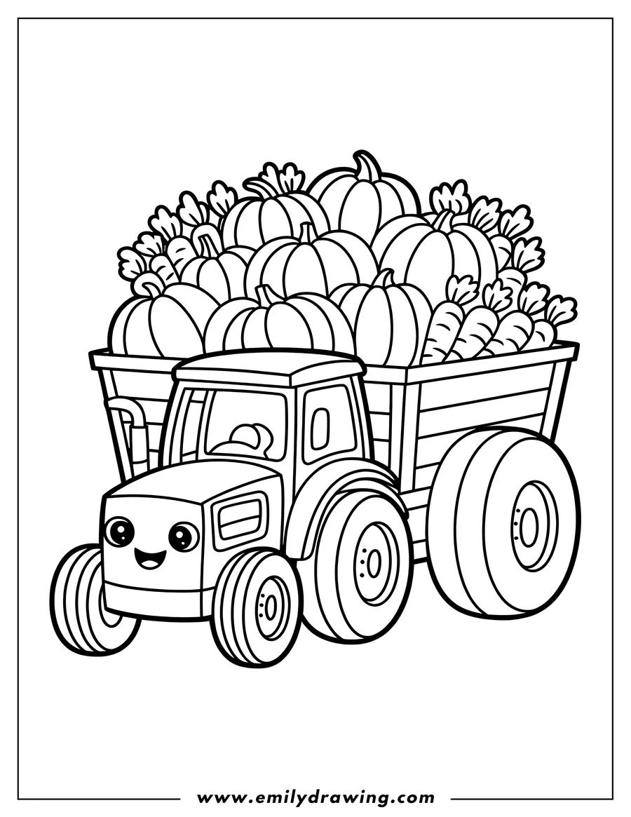 Outline of a cheerful tractor pulling a trailer loaded with pumpkins and carrots.